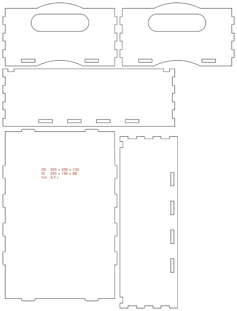 Flat part layout for the Project Box, lid: Cover slots