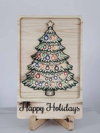Solid wood Happy Holidays sign with a 3D carved tree design