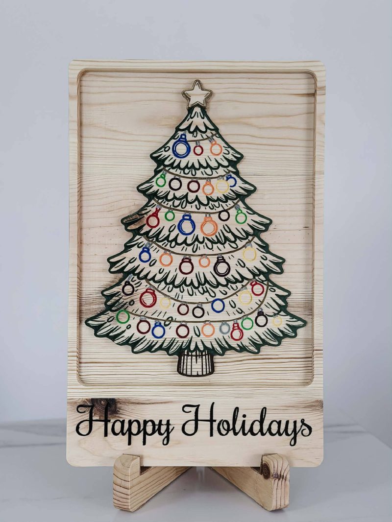 Solid wood Happy Holidays sign with a 3D carved tree design